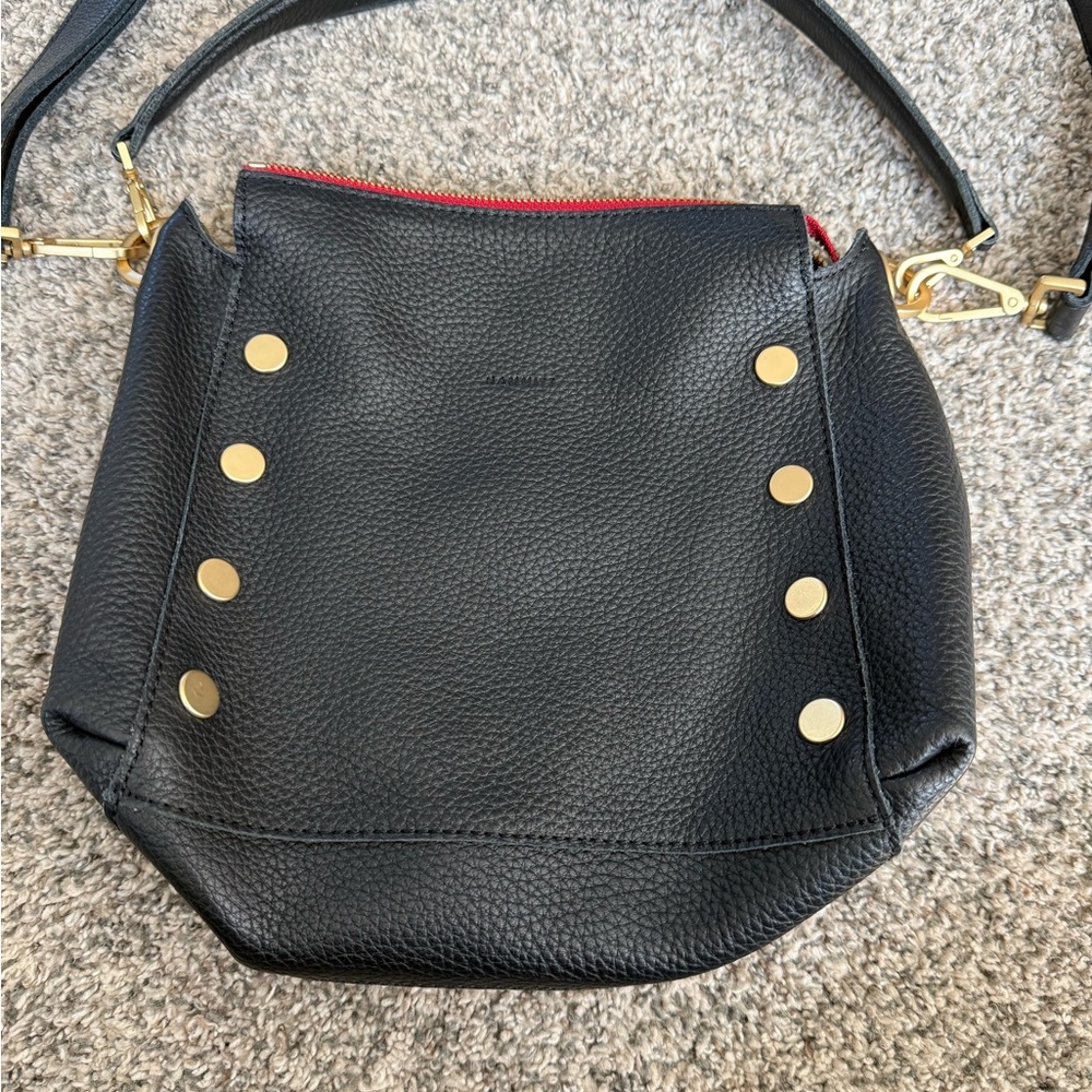 Hammitt Black Leather Crossbody with Gold Studs and Red Trim